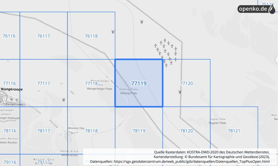 Übersichtskarte des KOSTRA-DWD-2020-Rasterfeldes Nr. 77119