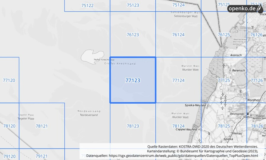 Übersichtskarte des KOSTRA-DWD-2020-Rasterfeldes Nr. 77123