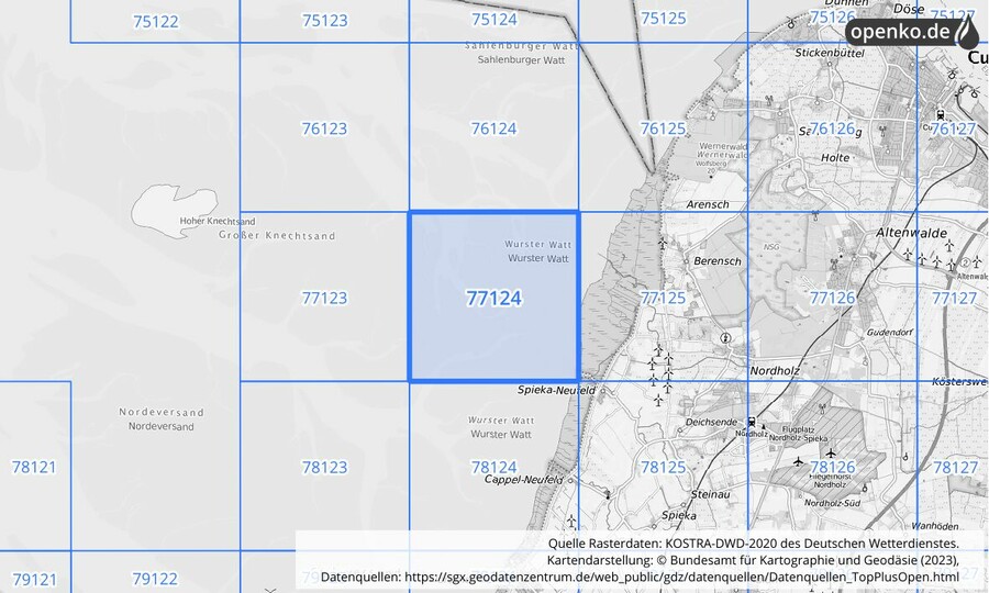 Übersichtskarte des KOSTRA-DWD-2020-Rasterfeldes Nr. 77124