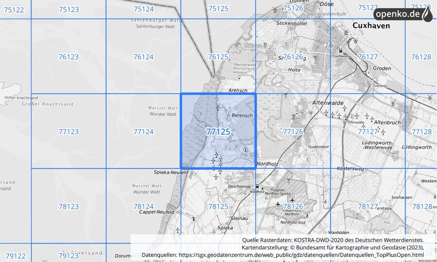 Übersichtskarte des KOSTRA-DWD-2020-Rasterfeldes Nr. 77125