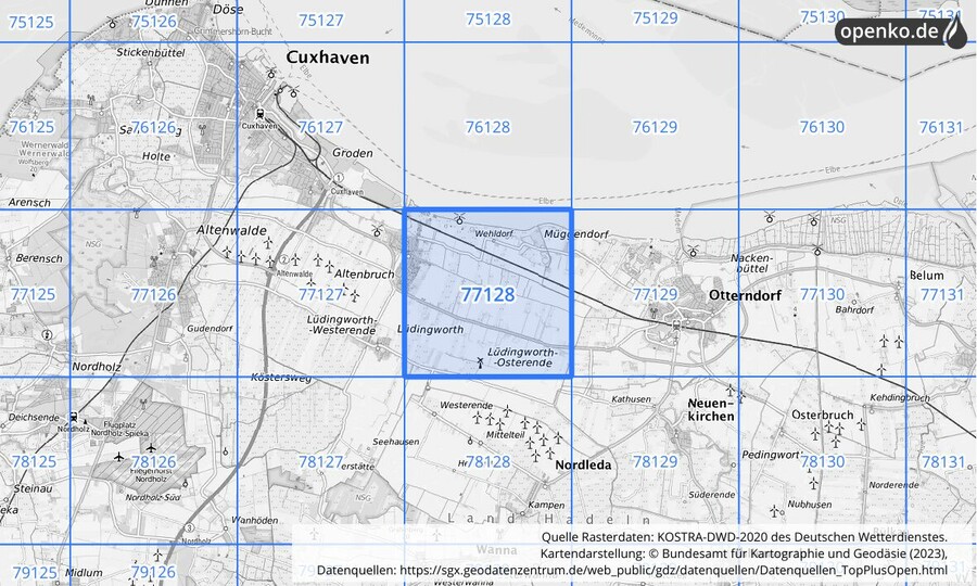 Übersichtskarte des KOSTRA-DWD-2020-Rasterfeldes Nr. 77128