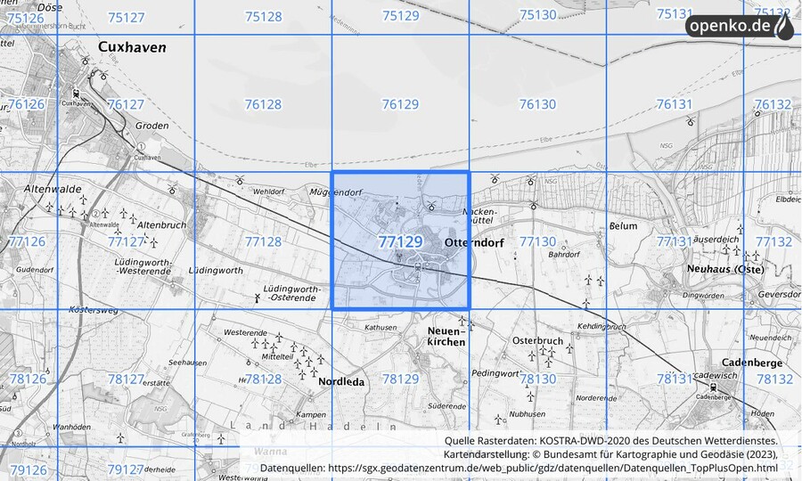 Übersichtskarte des KOSTRA-DWD-2020-Rasterfeldes Nr. 77129