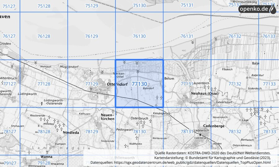 Übersichtskarte des KOSTRA-DWD-2020-Rasterfeldes Nr. 77130