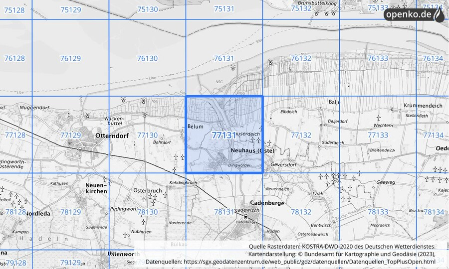 Übersichtskarte des KOSTRA-DWD-2020-Rasterfeldes Nr. 77131