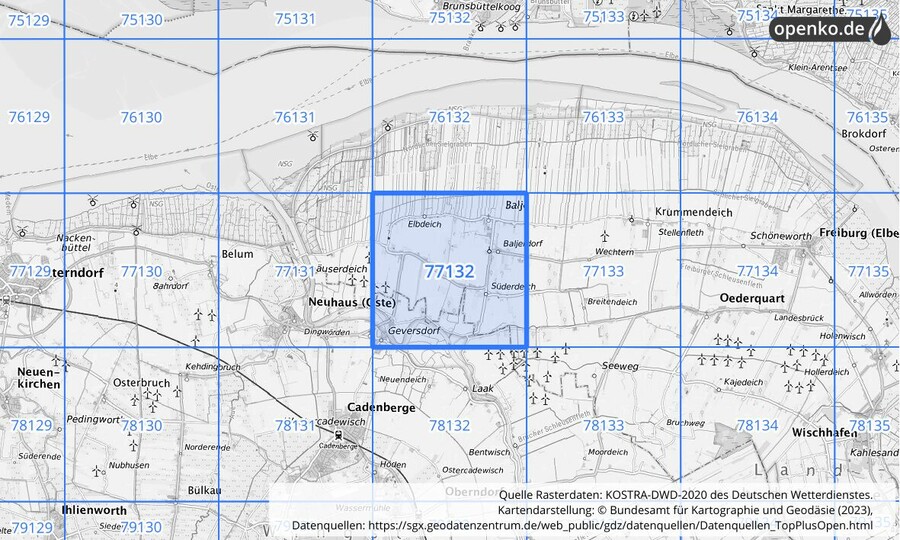 Übersichtskarte des KOSTRA-DWD-2020-Rasterfeldes Nr. 77132
