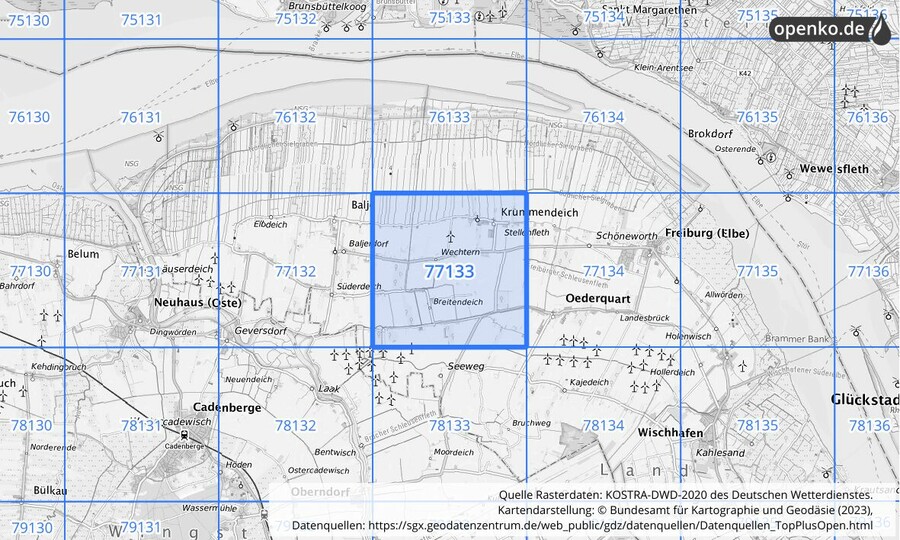 Übersichtskarte des KOSTRA-DWD-2020-Rasterfeldes Nr. 77133