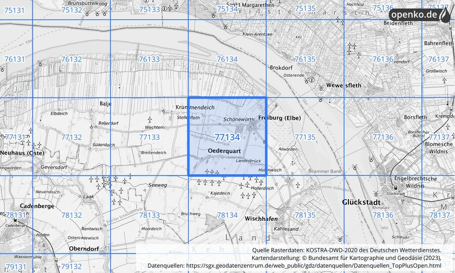 Übersichtskarte des KOSTRA-DWD-2020-Rasterfeldes Nr. 77134