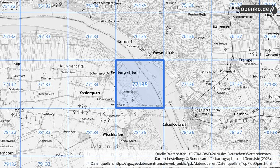 Übersichtskarte des KOSTRA-DWD-2020-Rasterfeldes Nr. 77135
