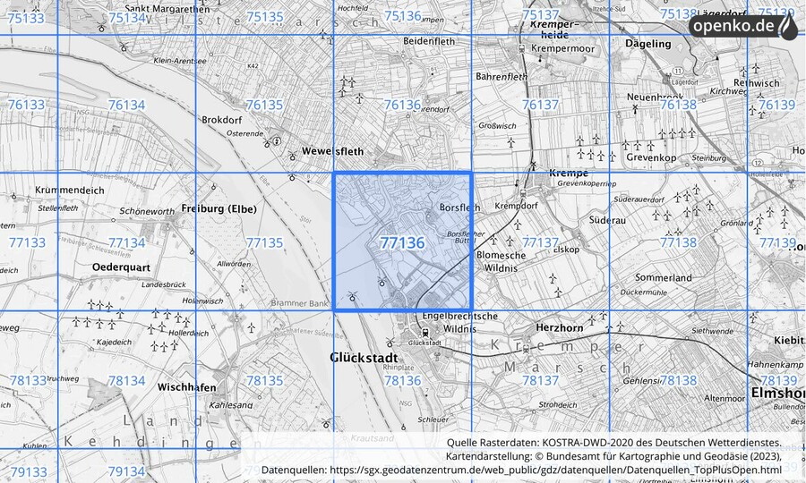 Übersichtskarte des KOSTRA-DWD-2020-Rasterfeldes Nr. 77136