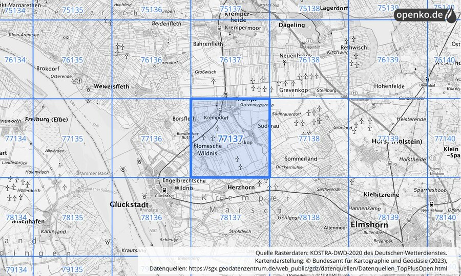 Übersichtskarte des KOSTRA-DWD-2020-Rasterfeldes Nr. 77137