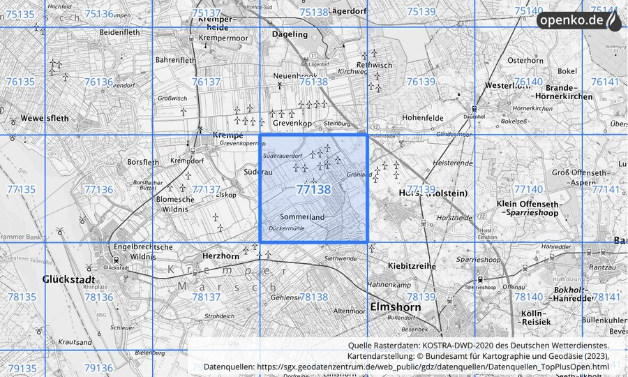 Übersichtskarte des KOSTRA-DWD-2020-Rasterfeldes Nr. 77138