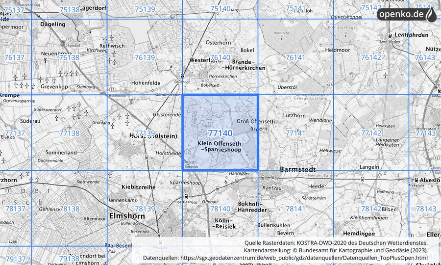 Übersichtskarte des KOSTRA-DWD-2020-Rasterfeldes Nr. 77140