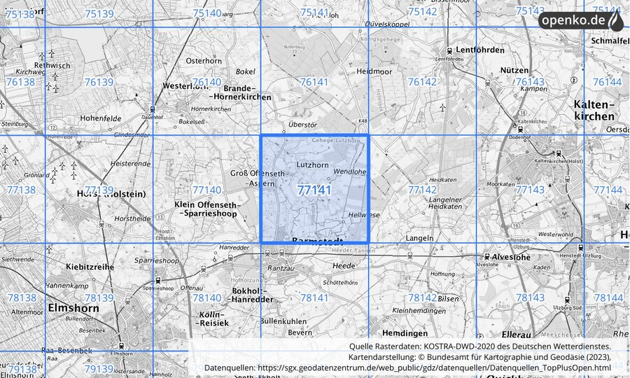 Übersichtskarte des KOSTRA-DWD-2020-Rasterfeldes Nr. 77141