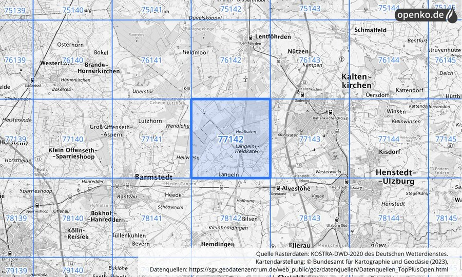 Übersichtskarte des KOSTRA-DWD-2020-Rasterfeldes Nr. 77142