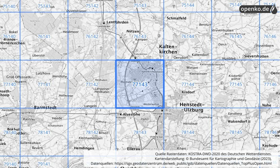 Übersichtskarte des KOSTRA-DWD-2020-Rasterfeldes Nr. 77143