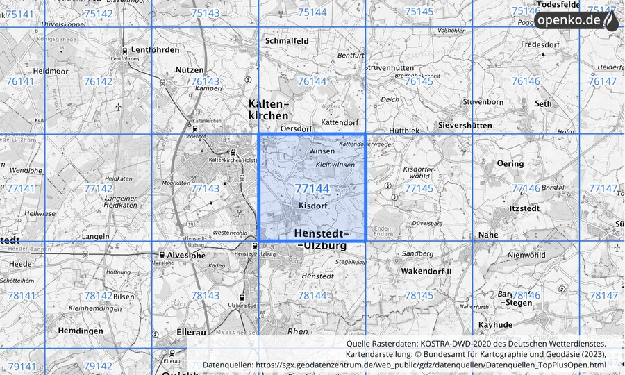 Übersichtskarte des KOSTRA-DWD-2020-Rasterfeldes Nr. 77144
