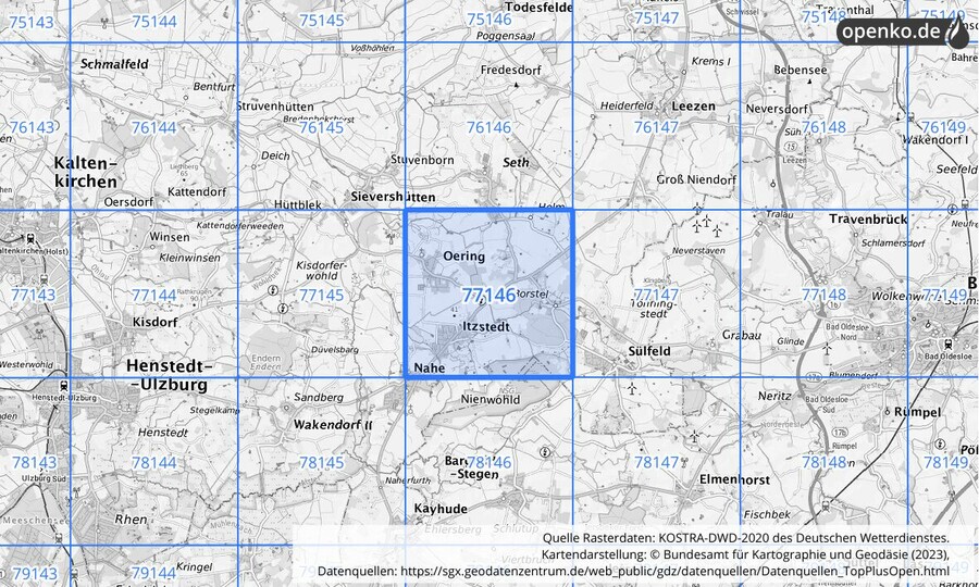 Übersichtskarte des KOSTRA-DWD-2020-Rasterfeldes Nr. 77146