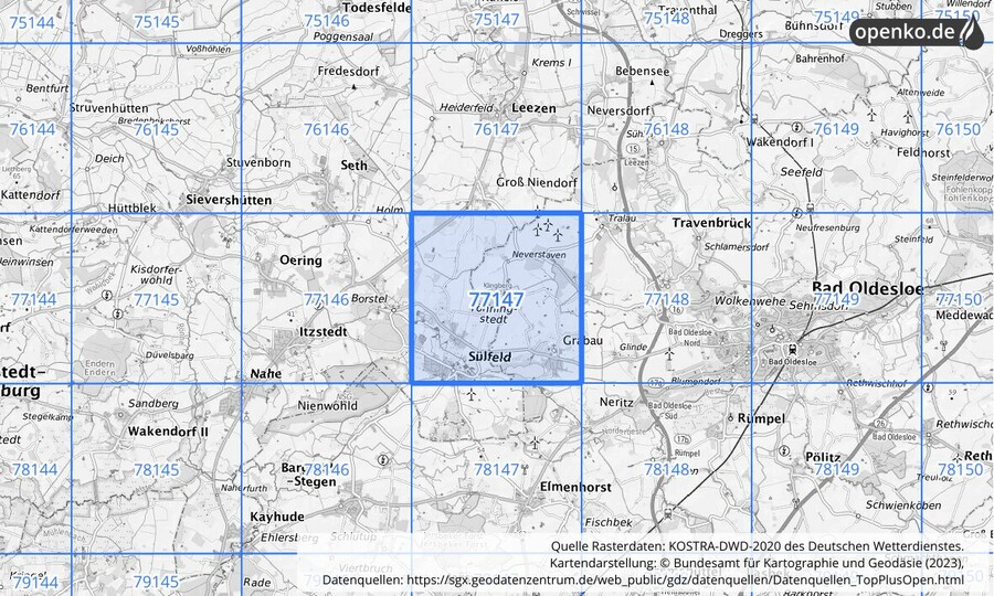 Übersichtskarte des KOSTRA-DWD-2020-Rasterfeldes Nr. 77147