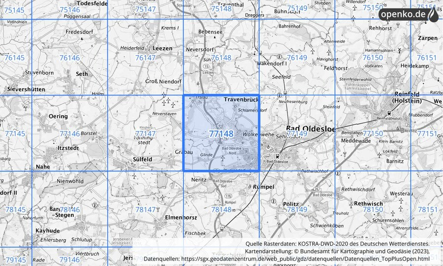 Übersichtskarte des KOSTRA-DWD-2020-Rasterfeldes Nr. 77148