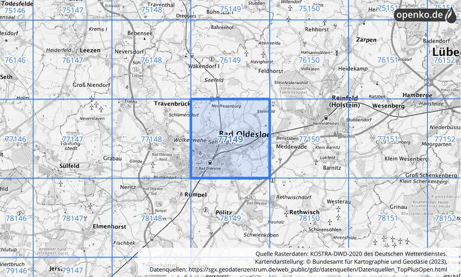 Übersichtskarte des KOSTRA-DWD-2020-Rasterfeldes Nr. 77149