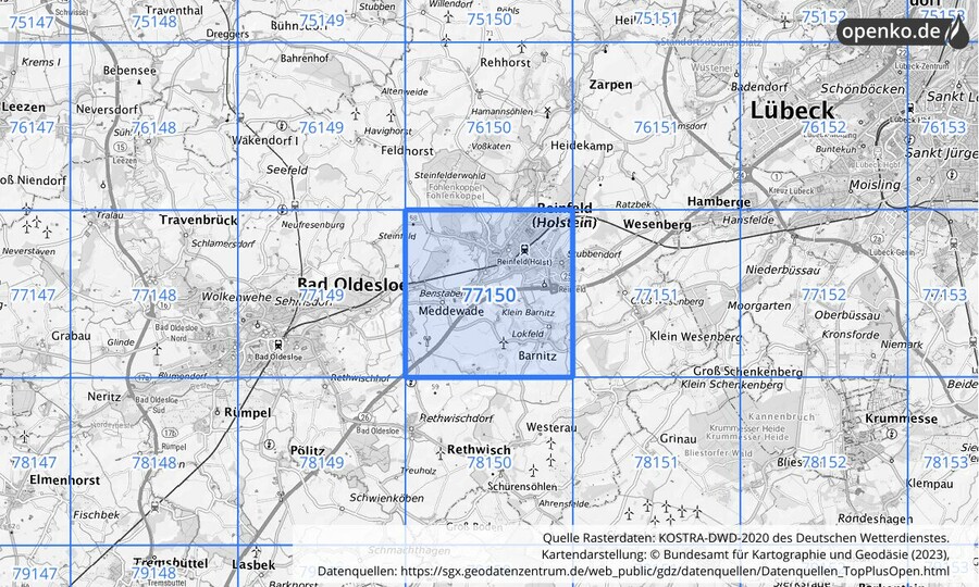 Übersichtskarte des KOSTRA-DWD-2020-Rasterfeldes Nr. 77150