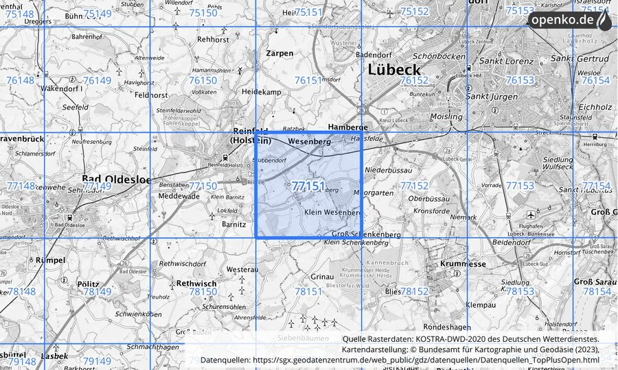 Übersichtskarte des KOSTRA-DWD-2020-Rasterfeldes Nr. 77151