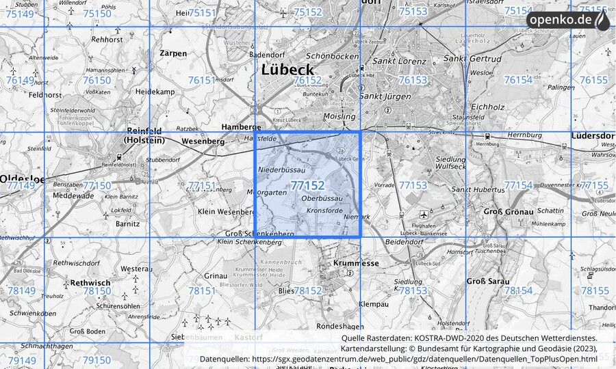 Übersichtskarte des KOSTRA-DWD-2020-Rasterfeldes Nr. 77152