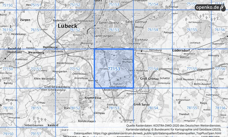 Übersichtskarte des KOSTRA-DWD-2020-Rasterfeldes Nr. 77153