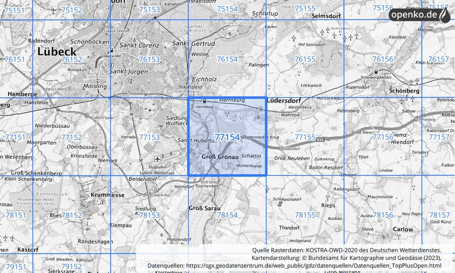 Übersichtskarte des KOSTRA-DWD-2020-Rasterfeldes Nr. 77154