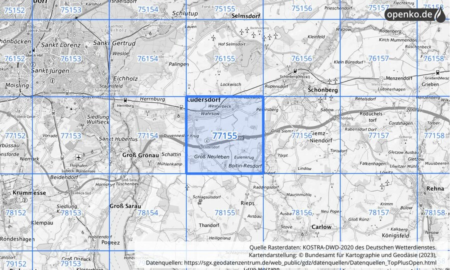 Übersichtskarte des KOSTRA-DWD-2020-Rasterfeldes Nr. 77155