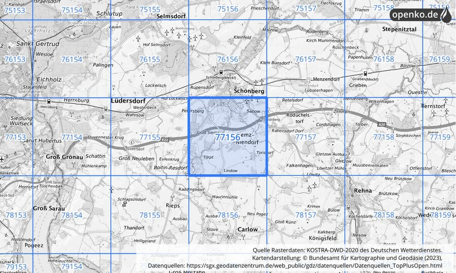 Übersichtskarte des KOSTRA-DWD-2020-Rasterfeldes Nr. 77156
