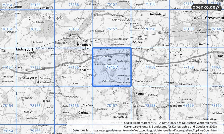 Übersichtskarte des KOSTRA-DWD-2020-Rasterfeldes Nr. 77157