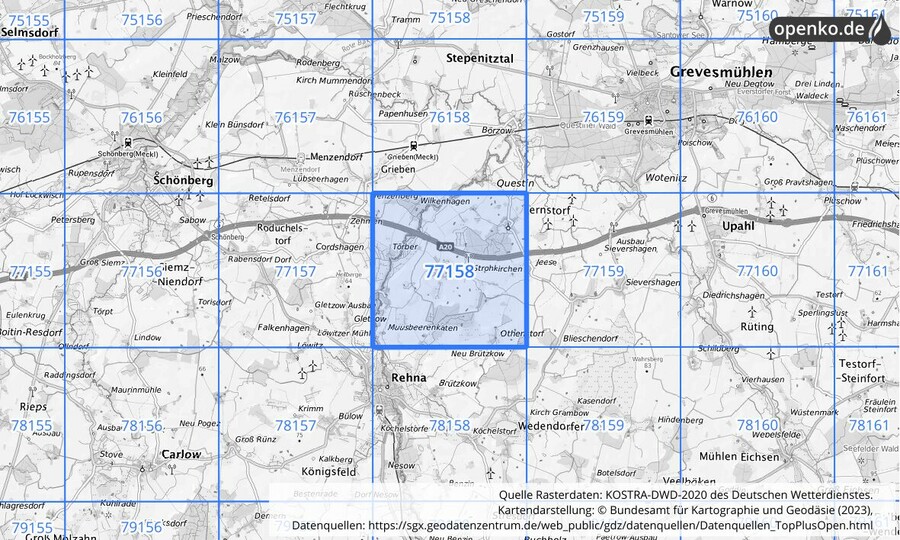 Übersichtskarte des KOSTRA-DWD-2020-Rasterfeldes Nr. 77158