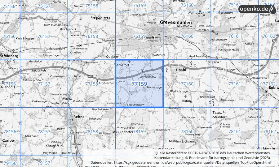 Übersichtskarte des KOSTRA-DWD-2020-Rasterfeldes Nr. 77159