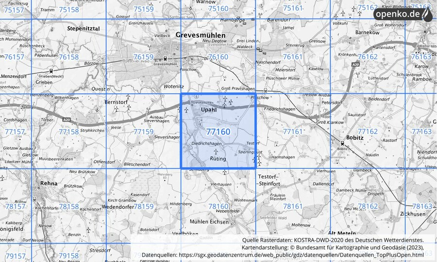 Übersichtskarte des KOSTRA-DWD-2020-Rasterfeldes Nr. 77160