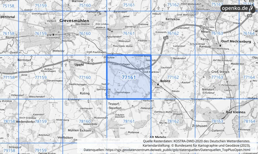 Übersichtskarte des KOSTRA-DWD-2020-Rasterfeldes Nr. 77161