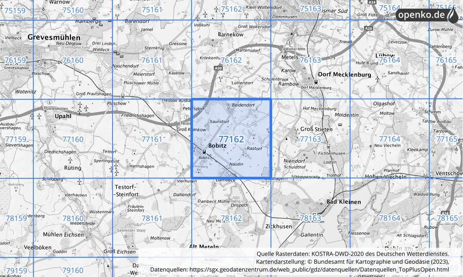 Übersichtskarte des KOSTRA-DWD-2020-Rasterfeldes Nr. 77162