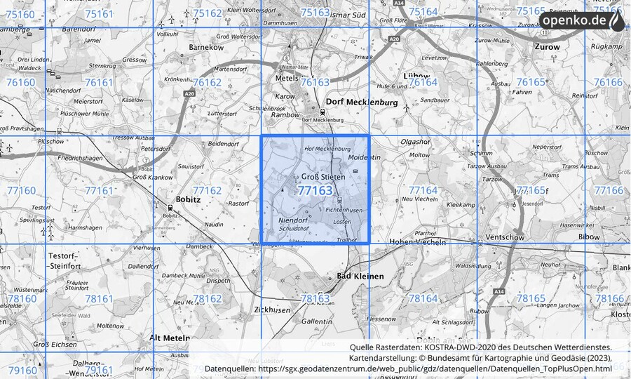 Übersichtskarte des KOSTRA-DWD-2020-Rasterfeldes Nr. 77163