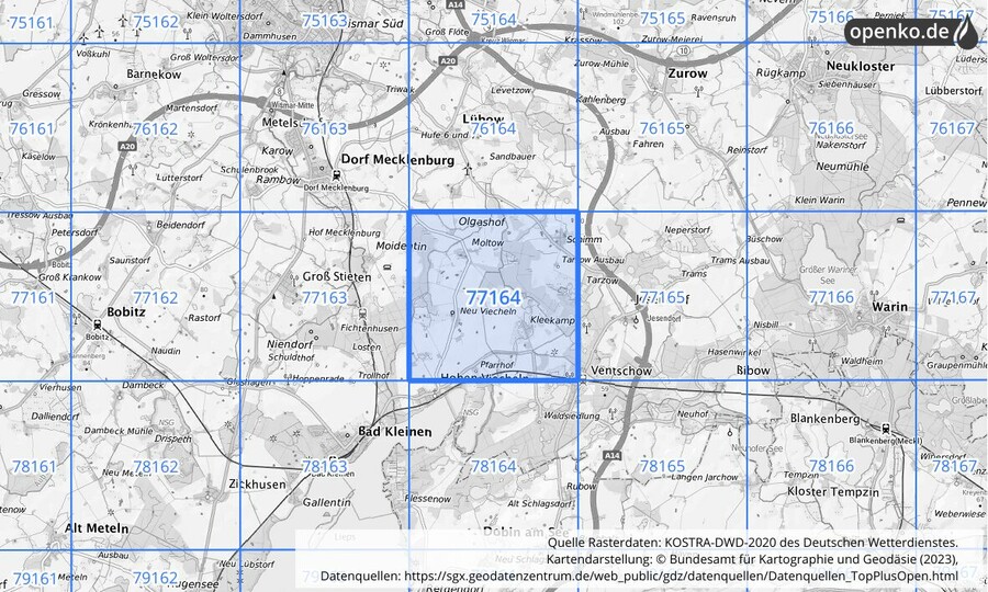 Übersichtskarte des KOSTRA-DWD-2020-Rasterfeldes Nr. 77164
