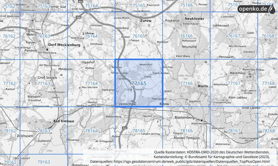 Übersichtskarte des KOSTRA-DWD-2020-Rasterfeldes Nr. 77165