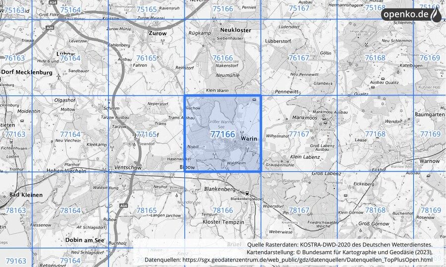 Übersichtskarte des KOSTRA-DWD-2020-Rasterfeldes Nr. 77166