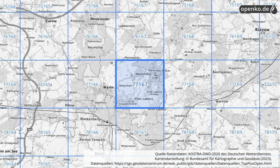 Übersichtskarte des KOSTRA-DWD-2020-Rasterfeldes Nr. 77167