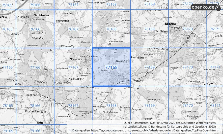 Übersichtskarte des KOSTRA-DWD-2020-Rasterfeldes Nr. 77168