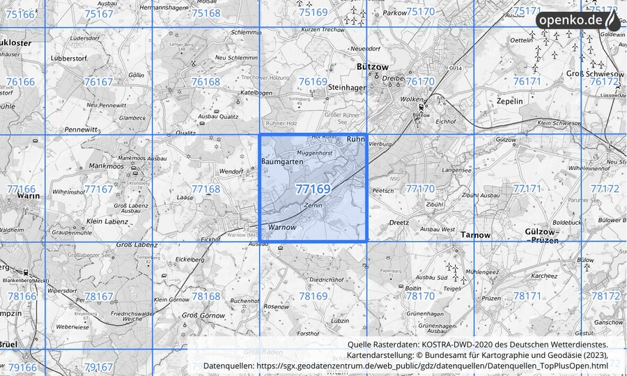 Übersichtskarte des KOSTRA-DWD-2020-Rasterfeldes Nr. 77169