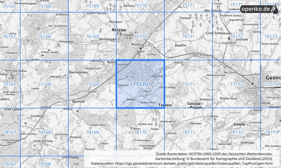 Übersichtskarte des KOSTRA-DWD-2020-Rasterfeldes Nr. 77170