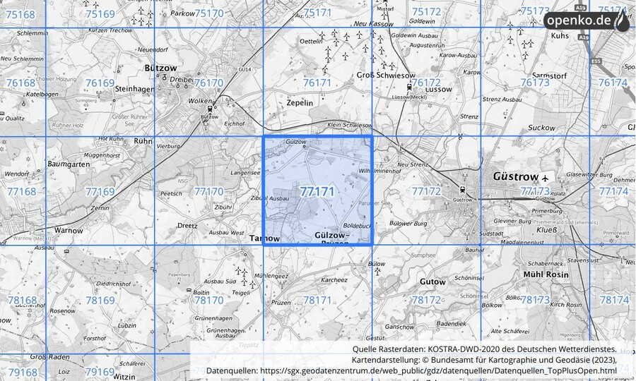 Übersichtskarte des KOSTRA-DWD-2020-Rasterfeldes Nr. 77171