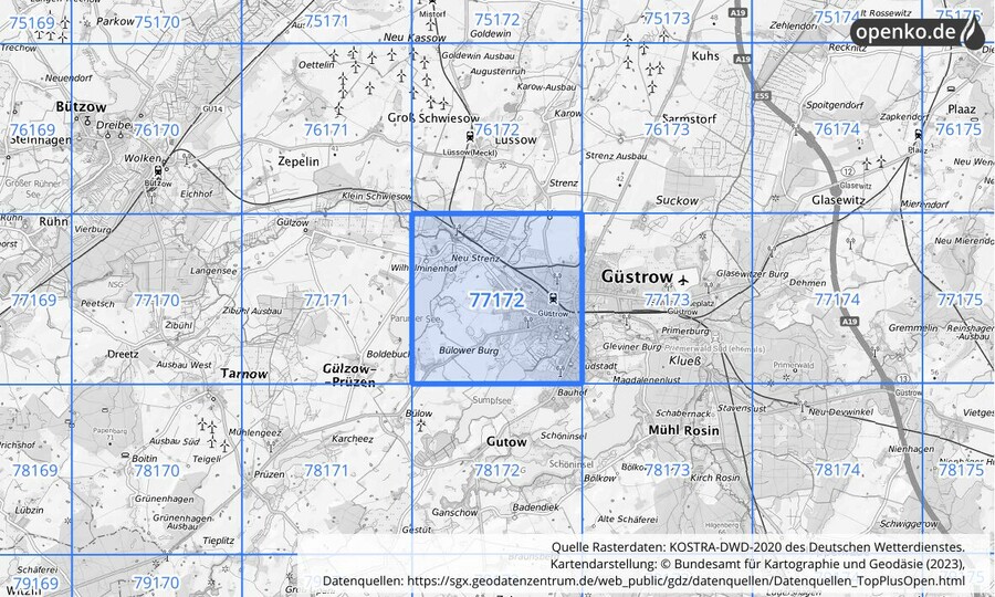 Übersichtskarte des KOSTRA-DWD-2020-Rasterfeldes Nr. 77172