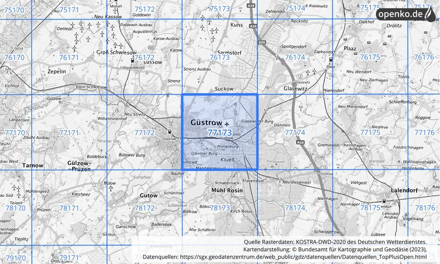 Übersichtskarte des KOSTRA-DWD-2020-Rasterfeldes Nr. 77173