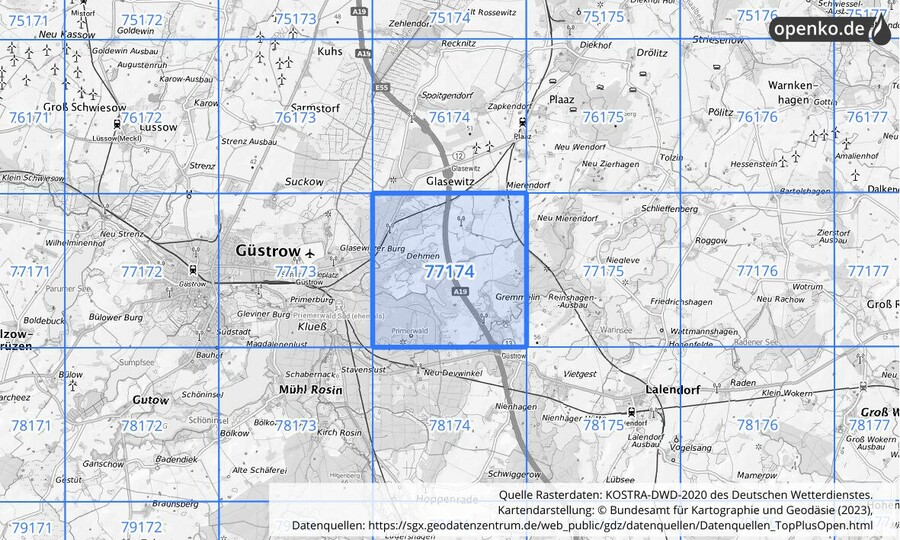 Übersichtskarte des KOSTRA-DWD-2020-Rasterfeldes Nr. 77174