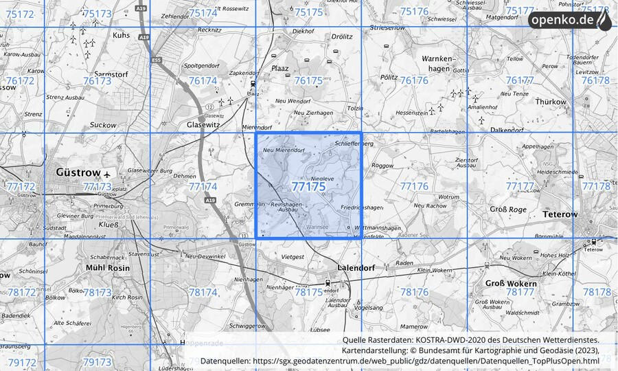 Übersichtskarte des KOSTRA-DWD-2020-Rasterfeldes Nr. 77175
